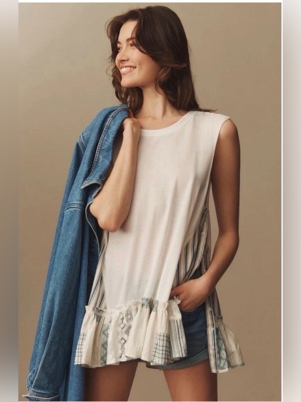 Anthropologie Pilcro white patchwork babydoll tank top with blue striped